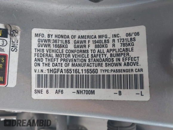 2006 Honda Civic LX with VIN 1HGFA16516L116560, listed as a IAAI auction lot 42145668 with Not Provided miles and . Bid and sale history available at DreamBid. Image 9.