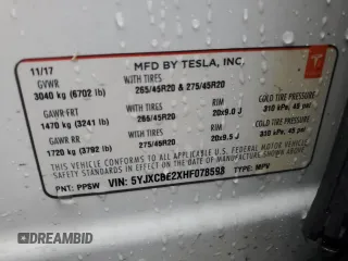 2017 Tesla Model X 90D z VIN 5YJXCBE2XHF078598, wystawiony jako Copart lot #46751395 z przebiegiem 58 115 mil mil oraz Szkody całkowita. Historia ofert i sprzedaży dostępna na DreamBid. Obrazek 15.