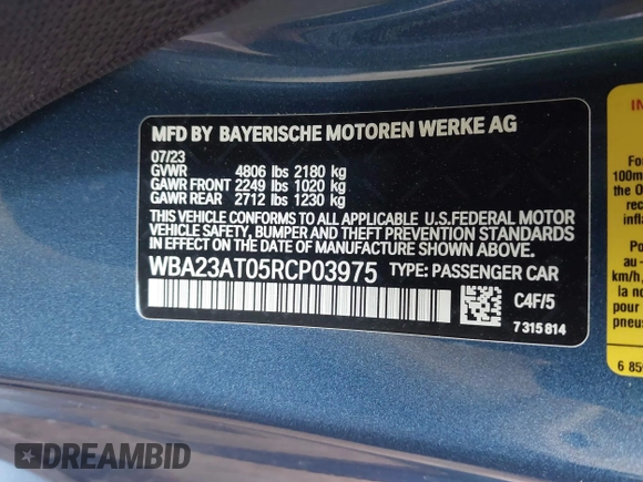 2024 BMW 4 Series 430i с VIN WBA23AT05RCP03975, выставлен на аукционе IAAI как лот 42488080 с пробегом 18 587 миль миль и . История ставок и продаж доступна на DreamBid. Изображение 9.