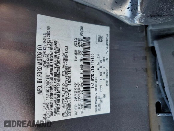 2012 Ford Taurus SHO с VIN 1FAHP2KT7CG119165, выставлен на аукционе Copart как лот 75435444 с пробегом Не указан миль и Списание • Salvage title. История ставок и продаж доступна на DreamBid. Изображение 13.