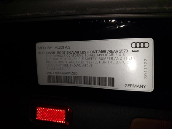 2018 Audi A5 Sportback Prestige with VIN WAUFNDF54JA045280, listed as a Copart auction lot 45797725 with 0 mi miles and Salvage Title. Bid and sale history available at carsss.com. Image 12.