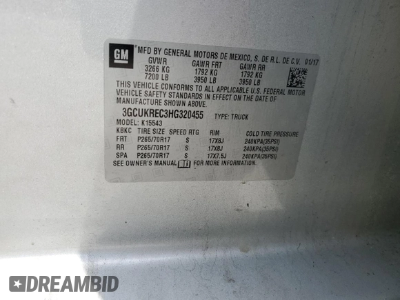 2017 Chevrolet Silverado 1500 LT with VIN 3GCUKREC3HG320455, listed as a Copart auction lot 57124395 with 119,683 mi miles and Salvage Title. Bid and sale history available at DreamBid. Image 13.