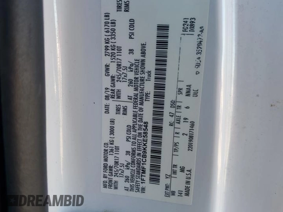 2019 Ford F-150 XL with VIN 1FTMF1CB9KKE58548, listed as a Copart auction lot 47403675 with 90,599 mi miles and Non repairable. Bid and sale history available at DreamBid. Image 12.