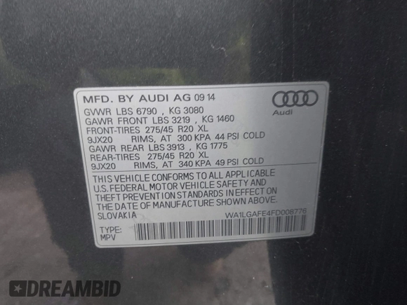 2015 Audi Q7 Premium Plus with VIN WA1LGAFE4FD008776, listed as a IAAI auction lot 41528346 with 213,557 mi miles and . Bid and sale history available at DreamBid. Image 9.