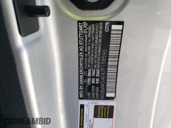 2007 Mercedes-Benz SLK 280 with VIN WDBWK54F47F158590, listed as a Copart auction lot 57837415 with 128,259 mi miles and Salvage title. Bid and sale history available at DreamBid. Image 12.