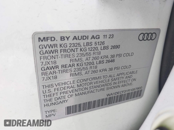 2024 Audi Q3 S line Premium with VIN WA1DECF31R1057900, listed as a IAAI auction lot 42059219 with 27,635 mi miles. Bid and sale history available at carsss.com. Image 9.