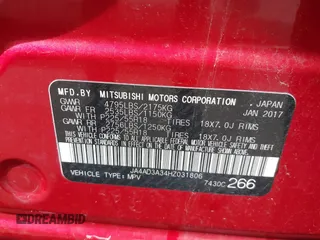 2017 Mitsubishi Outlander SE z VIN JA4AD3A34HZ031806, wystawiony jako IAAI lot #41722817 z przebiegiem 169 889 mil mil oraz . Historia ofert i sprzedaży dostępna na DreamBid. Obrazek 9.