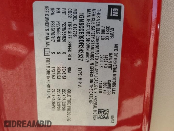 2013 Chevrolet Tahoe LTZ with VIN 1GNSCCE09DR343537, listed as a Copart auction lot 47548715 with 171,692 mi miles and Salvage title. Bid and sale history available at DreamBid. Image 15.