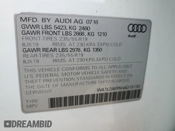 2017 Audi Q5 Premium Plus with VIN WA1L2AFP5HA019130, listed as a Copart auction lot 64282965 with 163,220 mi miles and Salvage title. Bid and sale history available at DreamBid. Image 14.