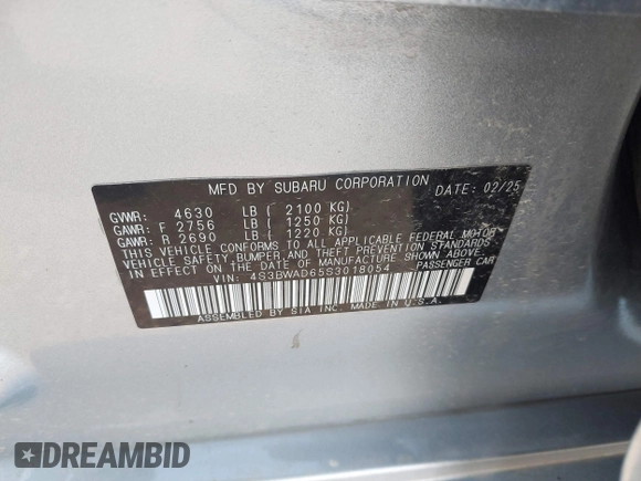 2025 Subaru Legacy Premium z VIN 4S3BWAD65S3018054, wystawiony jako IAAI lot #42728296 z przebiegiem 6 488 mil mil oraz . Historia ofert i sprzedaży dostępna na DreamBid. Obrazek 9.