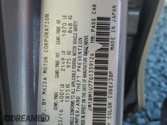 2016 Mazda 3 i Sport with VIN JM1BM1U77G1339126, listed as a Copart auction lot 53522675 with 49,421 mi miles and Salvage Title. Bid and sale history available at DreamBid. Image 14.
