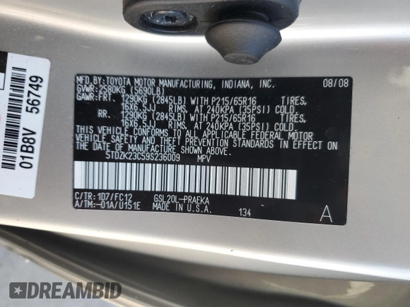 2009 Toyota Sienna CE with VIN 5TDZK23C59S236009, listed as a Copart auction lot 54921695 with 227,875 mi miles and Salvage Title. Bid and sale history available at DreamBid. Image 13.