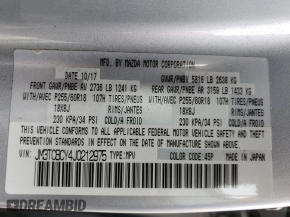 2018 Mazda CX-9 Touring with VIN JM3TCBCY4J0212975, listed as a Copart auction lot 48233465 with 155,293 mi miles and Salvage Title. Bid and sale history available at carsss.com. Image 13.
