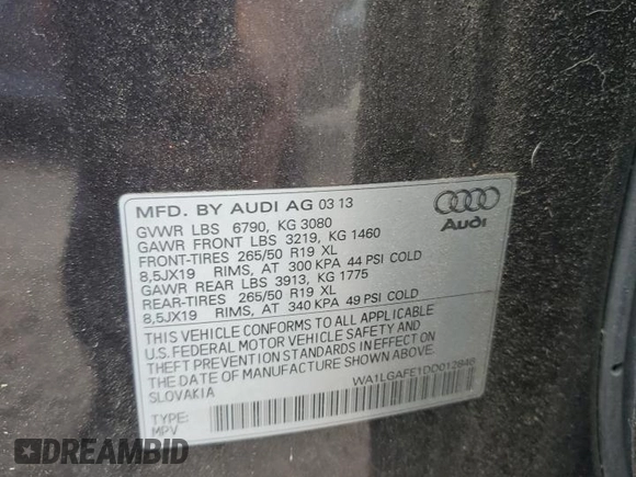 2013 Audi Q7 Premium Plus with VIN WA1LGAFE1DD012846, listed as a Copart auction lot 63091715 with 145,250 mi miles and Clean title. Bid and sale history available at DreamBid. Image 12.