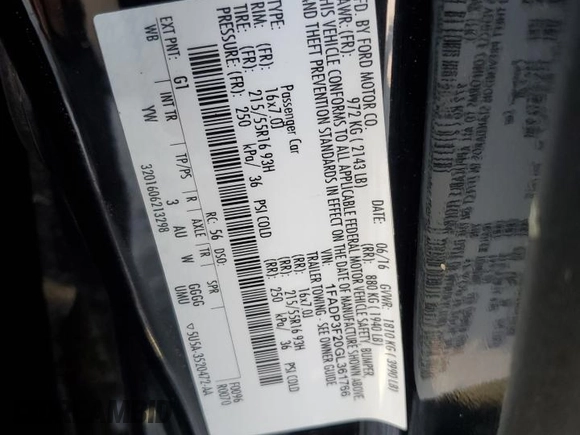 2016 Ford Focus SE with VIN 1FADP3F20GL361766, listed as a Copart auction lot 59258265 with 203,208 mi miles and Salvage title. Bid and sale history available at DreamBid. Image 12.