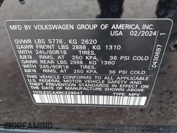 2024 Volkswagen Atlas SE с VIN 1V2LE2CA4RC229547, выставлен на аукционе IAAI как лот 42062372 с пробегом 12 237 миль миль и . История ставок и продаж доступна на DreamBid. Изображение 9.