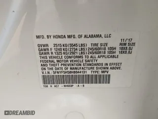 2017 Honda Pilot EX-L with VIN 5FNYF5H58HB044131, listed as a IAAI auction lot 41843395 with 122,311 mi miles. Bid and sale history available at carsss.com. Image 9.