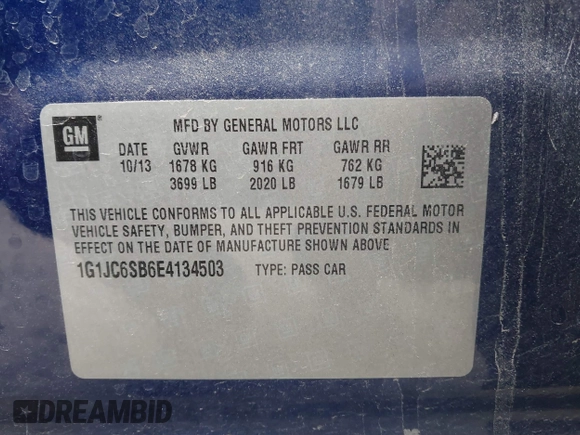 2014 Chevrolet Sonic LT with VIN 1G1JC6SB6E4134503, listed as a IAAI auction lot 41364166 with 124,225 mi miles. Bid and sale history available at carsss.com. Image 9.