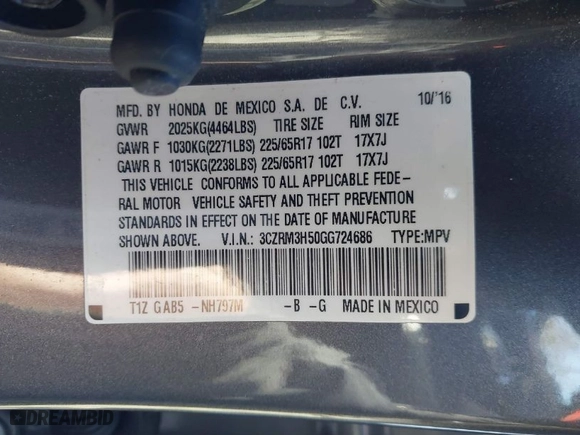 2016 Honda CR-V EX with VIN 3CZRM3H50GG724686, listed as a IAAI auction lot 41265468 with 63,562 mi miles. Bid and sale history available at carsss.com. Image 9.