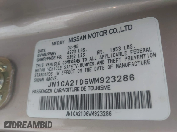 1998 Nissan Maxima GXE with VIN JN1CA21D6WM923286, listed as a IAAI auction lot 41555099 with 134,005 mi miles and . Bid and sale history available at DreamBid. Image 9.