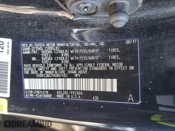 2017 Toyota Sienna XLE Auto Access Seat with VIN 5TDYZ3DC7HS867483, listed as a Copart auction lot 43796085 with 79,255 mi miles and Non Repairable. Bid and sale history available at DreamBid. Image 13.