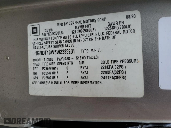 1998 Chevrolet Blazer LS z VIN 1GNDT13W6W2283281, wystawiony jako Copart lot #56874835 z przebiegiem 277 237 mil mil oraz Szkoda całkowita • Salvage title. Historia ofert i sprzedaży dostępna na DreamBid. Obrazek 14.