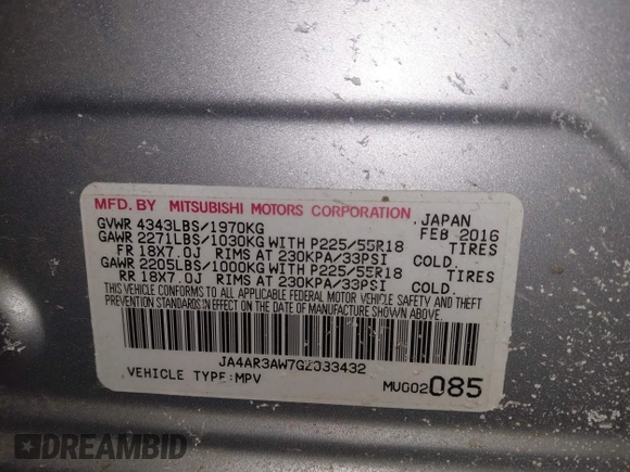 2016 Mitsubishi Outlander Sport 2.4 ES with VIN JA4AR3AW7GZ033432, listed as a IAAI auction lot 41375756 with 117,409 mi miles. Bid and sale history available at carsss.com. Image 9.