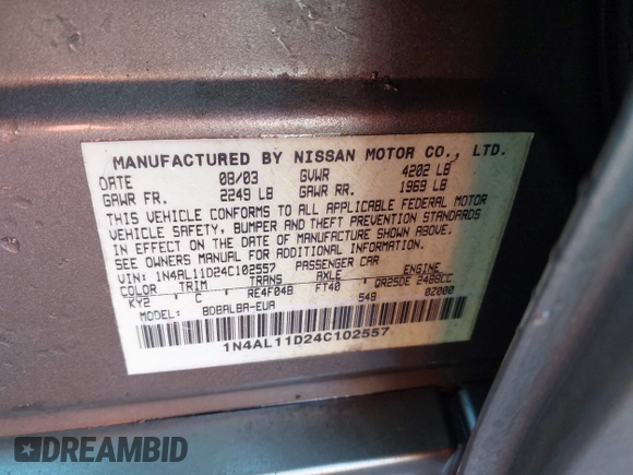 2004 Nissan Altima S with VIN 1N4AL11D24C102557, listed as a IAAI auction lot 41663563 with 151,144 mi miles. Bid and sale history available at carsss.com. Image 9.