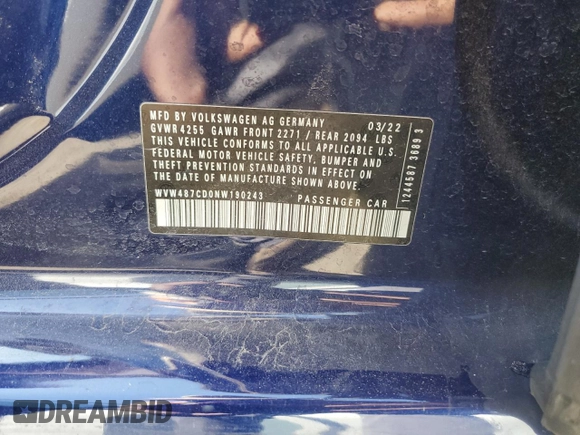 2022 Volkswagen Golf GTI SE with VIN WVW487CD0NW190243, listed as a Copart auction lot 75767504 with 15,498 mi miles and Salvage Title. Bid and sale history available at carsss.com. Image 14.