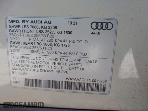 2022 Audi e-tron Premium with VIN WA1AAAGE1NB012253, listed as a IAAI auction lot 41424316 with 23,667 mi miles. Bid and sale history available at carsss.com. Image 9.