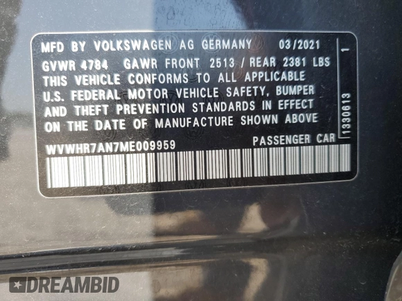 2021 Volkswagen Arteon SEL R-Line with VIN WVWHR7AN7ME009959, listed as a Copart auction lot 65902124 with 49,029 mi miles and Salvage title. Bid and sale history available at DreamBid. Image 12.