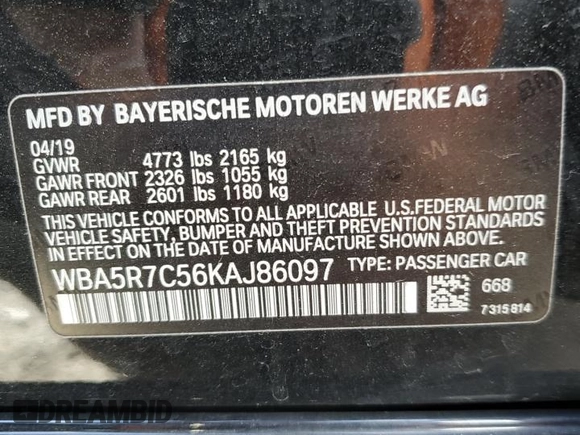 2019 BMW 3 Series 330i xDrive with VIN WBA5R7C56KAJ86097, listed as a Copart auction lot 53537325 with 76,636 mi miles and Salvage Title. Bid and sale history available at carsss.com. Image 12.
