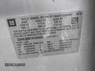 2017 Chevrolet Equinox Premier with VIN 2GNALDEK1H1502956, listed as a IAAI auction lot 41695403 with 98,915 mi miles. Bid and sale history available at carsss.com. Image 9.