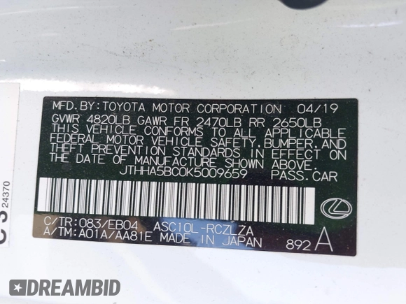 2019 Lexus RC 300 z VIN JTHHA5BC0K5009659, wystawiony jako IAAI lot #42533012 z przebiegiem Nie podano mil oraz . Historia ofert i sprzedaży dostępna na DreamBid. Obrazek 9.