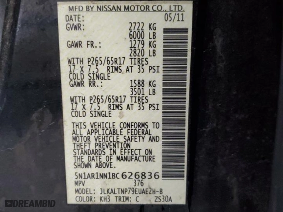 2011 Nissan Pathfinder SV with VIN 5N1AR1NN1BC626836, listed as a Copart auction lot 51151095 with 204,537 mi miles and Salvage Title. Bid and sale history available at carsss.com. Image 14.