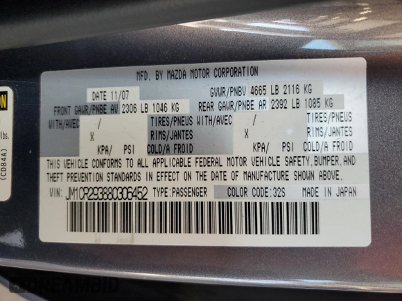 2008 Mazda 5 Sport with VIN JM1CR293880306452, listed as a Copart auction lot 63686425 with 102,988 mi miles and Salvage title. Bid and sale history available at DreamBid. Image 14.