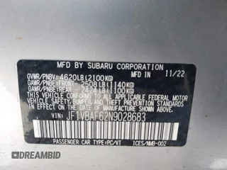 2022 Subaru WRX Premium with VIN JF1VBAF62N9028683, listed as a IAAI auction lot 42227871 with 21,234 mi miles and . Bid and sale history available at DreamBid. Image 9.