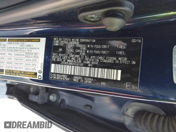 2016 Toyota 4Runner Limited with VIN JTEBU5JR6G5336168, listed as a IAAI auction lot 42404891 with 109,115 mi miles and . Bid and sale history available at DreamBid. Image 9.
