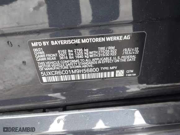 2021 BMW X5 xDrive40i with VIN 5UXCR6C01M9H56800, listed as a IAAI auction lot 41860035 with 51,779 mi miles. Bid and sale history available at carsss.com. Image 9.