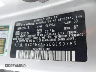 2013 Kia Optima LX with VIN 5XXGM4A79DG199785, listed as a IAAI auction lot 42015820 with 137,202 mi miles. Bid and sale history available at carsss.com. Image 9.