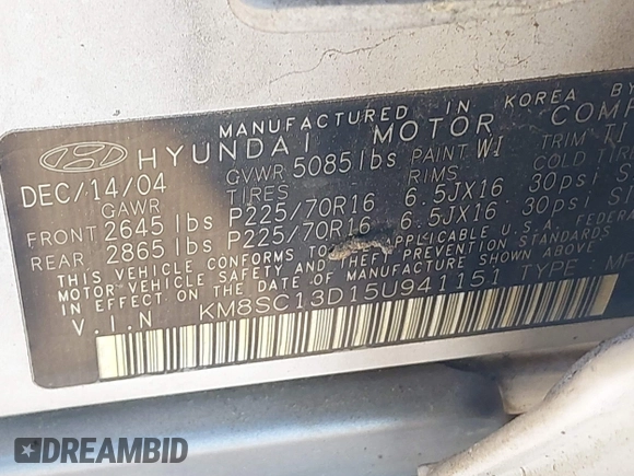 2005 Hyundai Santa Fe GLS with VIN KM8SC13D15U941151, listed as a IAAI auction lot 41825233 with 102,745 mi miles. Bid and sale history available at carsss.com. Image 9.