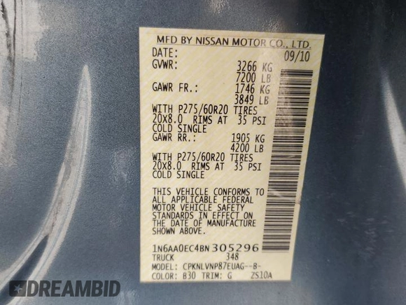 2011 Nissan Titan SL with VIN 1N6AA0EC4BN305296, listed as a Copart auction lot 59001395 with 194,557 mi miles and Salvage title. Bid and sale history available at DreamBid. Image 12.