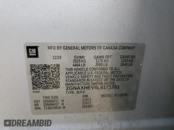 2020 Chevrolet Equinox LS z VIN 2GNAXHEV6L6171261, wystawiony jako Copart lot #49866745 z przebiegiem 218 045 mil mil oraz Szkoda całkowita • Salvage title. Historia ofert i sprzedaży dostępna na DreamBid. Obrazek 15.