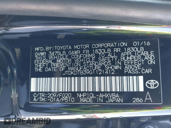 2016 Toyota Prius One with VIN JTDKDTB39G1121412, listed as a IAAI auction lot 42054091 with 62,689 mi miles and . Bid and sale history available at DreamBid. Image 9.