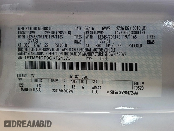 2016 Ford F-150 XL with VIN 1FTMF1CP9GKF21375, listed as a IAAI auction lot 42785364 with 158,271 mi miles and . Bid and sale history available at DreamBid. Image 22.