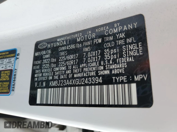 2016 Hyundai Tucson SE z VIN KM8J23A4XGU243394, wystawiony jako Copart lot #56556265 z przebiegiem 91 305 mil mil oraz Szkoda całkowita • Salvage title. Historia ofert i sprzedaży dostępna na DreamBid. Obrazek 12.
