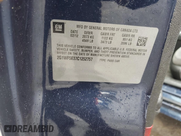 2012 Chevrolet Impala LS Fleet with VIN 2G1WF5E37C1252757, listed as a Copart auction lot 52836025 with 88,932 mi miles and Salvage Title. Bid and sale history available at DreamBid. Image 12.