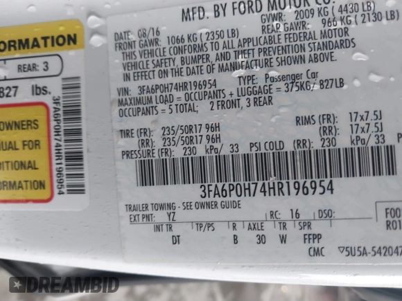 2017 Ford Fusion SE with VIN 3FA6P0H74HR196954, listed as a IAAI auction lot 41636002 with 70,366 mi miles and . Bid and sale history available at DreamBid. Image 9.