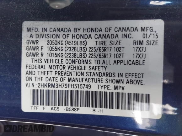 2015 Honda CR-V EX-L with VIN 2HKRM3H79FH515749, listed as a IAAI auction lot 41819931 with 100,334 mi miles. Bid and sale history available at carsss.com. Image 9.