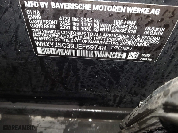 2018 BMW X2 xDrive28i with VIN WBXYJ5C39JEF69748, listed as a IAAI auction lot 41914089 with 93,122 mi miles. Bid and sale history available at carsss.com. Image 9.
